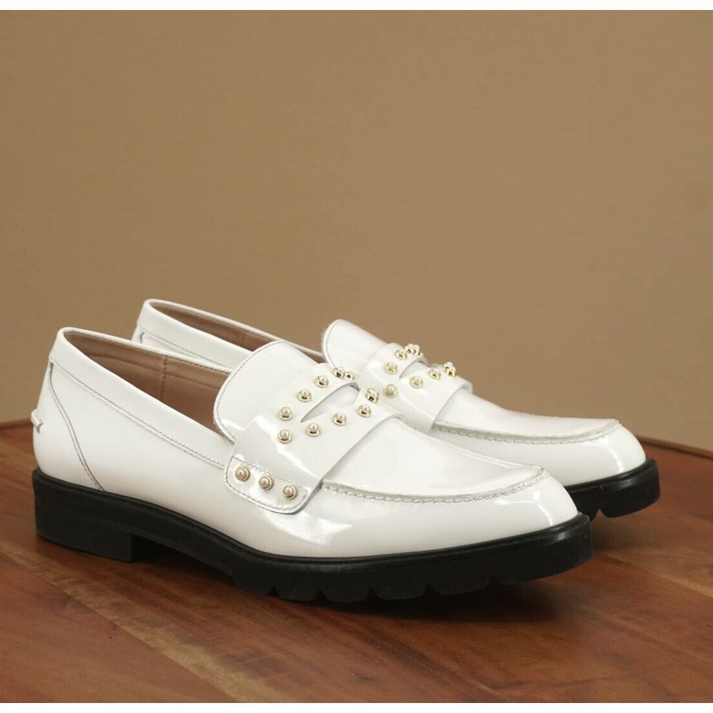 Stuart Weitzman White Loafers with Gold Accents